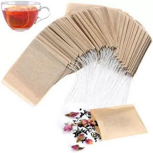 100 Pack Natural Unbleached Wood Pulp Paper Tea Filter Bags with Drawstring