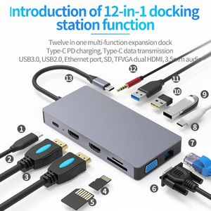 Станции USB тип C Dock Station 12 IN1 HUB USB 3.0 2XHDMICAMATIBLE Интерфейс для ноутбука RJ45 PD100W TF SD Fast Hub Dropshipping