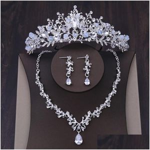 Pieces de cabeça Luxo Diamond Diamond Goddess Crown Conjunto de colar de noiva Brincos de cabelo de três peças Acessórios para cabelos de casamento