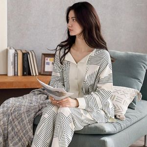 Ev Giyim Pamuk Sonbahar Kadın Pijamaları Set Bohem Şeritler Baskı Slibes Giyim V Boyun Homewear Nightwear Pijamalar Kadın 2023