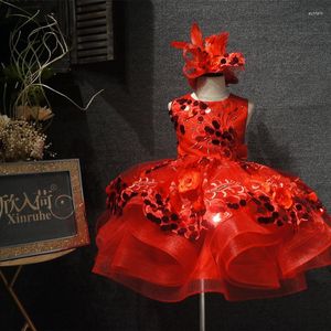 Kız elbiseler lüks kırmızı kabarık bebek kızlar için doğum günü parlak payetler küçük prenses parti elbisesi çocuk kıyafetleri özel olay