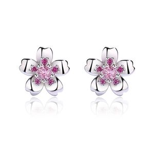 S925 Gümüş Sterling Gümüş Kiraz Çiçeği Küpeler Klasik Tasarım Moda Kadınlar Parlak Kristal Küpeler Lüks Pembe Elmas Saplama Küpe Takı