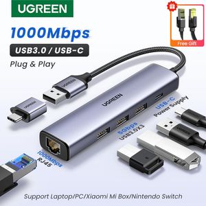 Cartas Ugreen USB Ethernet Adapter 1000/100Mbps USB3.0 Hub RJ45 LAN para laptop PC Xiaomi Mi Box MacBook Windows USBC Hub Card Network