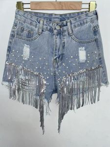 Mulheres jeans cintura contas borla denim shorts verão beading perna larga fina oversized s5xl tamanho coreano streetwear roupas femininas 230530