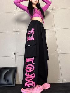 Kadın Pantolon Capris Retro Çok Loket Siyah Pembe Baskılı Tulum Pantolonları Kadın Kişilik Sokak Hiphop Gevşek Günlük Dans Sporları 230530