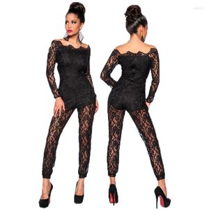 Kadın Tulumları Kadın Dantel Çiçek Siyah Uzun Kollu Tulum Romper Kulüp Giyim Kapalı Omuz Çöp Boyun Oyun Bodycon Partisi Pantolon