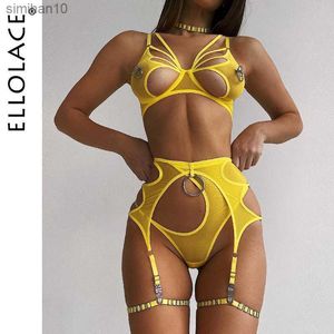 Kılavuzlar Külot Elloce Sexy Lingerie Kes Sütyen Erotik Kısa Setler 4 Parçalar Şehvetli Süslü İç Çamaşır Egzetmeleri G-Strings Thangs Dantel Exotic Set L230518