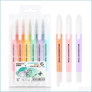 Highlighters 6 Colors Erasable Pastel Markers Dual Tip Fluorescent Pen For Art Ding Doodling Marking School Office Stationery Drop D Dhtx6
