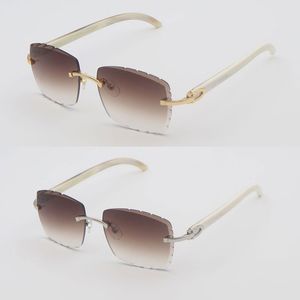 Lüks Rimless Güneş Gözlüğü Erkekler Occhiali Da Sole Kadın Tasarımcı Büyük Kare Orijinal Beyaz Orijinal Doğal Boynuz Güneş Gözlükleri Elmas Kesim Lens Boyutu 58mm