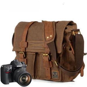 Messenger çantaları vintage tuval ekleme gerçek deri çanta tek omuz çantası rahat su geçirmez astar slr kamera 231130
