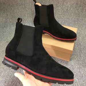 Yeni Siyah Erkekler Chelsea Boots Flock Perçin Kare Kırmızı harf dipler Düz topuklu Yuvarlak ayak ayak bileği bot siyah süet gerçek deri düğün perçinler elbise flats spor ayakkabı