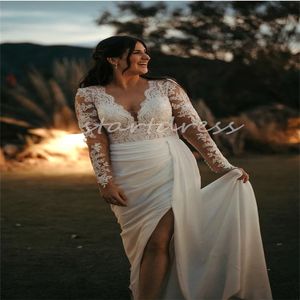 Lindo vestido de noiva de renda boho com fenda manga comprida bainha chiffon vestido de noiva de praia cauda longa plus size vestido de noiva estilo country florido robe de mariage