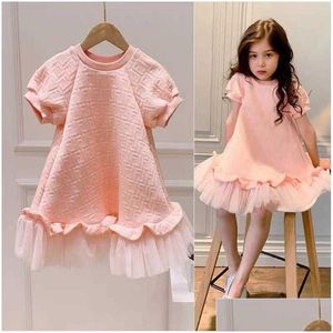 Girls Dresses Childrens Pink Casual Skirt Luxury Designer Brand Fashion Dress Net Yarn Short-Sleeved Princess For Kids Q0716 Drop Deli Dhntf