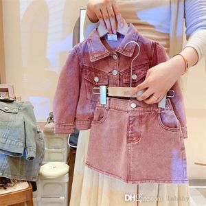 Nueva ropa para niña, conjunto de falda vaquera, conjuntos de ropa para niños, otoño 2023, chándal para niños, vestido de dos piezas, chaqueta vaquera con manga larga y minifaldas, trajes de 2 a 8 años