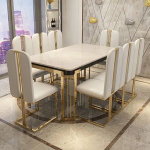 Комбинация обеденного стола и стула с белой столешницей и короной, эстетическая роскошная роскошная мраморная каменная мебель, минималистичная мебель для патио на 6 человек FGM 31