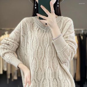 Kadın Sweaters Avrupa malları v yaka saf kaşmir gömlek kadın erken sonbahar tipi içi boş örme kazak gevşek ve boş dip t
