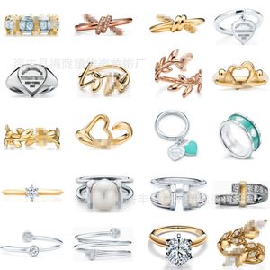 Mavi kutu tf classicdesigner tiff yüzüğü üst moda t ev sterling gümüş kalp şekilli yaprak düğüm damla tutkal halkası altın kaplama elmas tişört mücevher