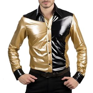Erkek sıradan gömlekler erkek parlak metalik uzun kollu gömlek moda dansı dans gece kulübü sahne elbise gömlek siyah altın patchwork gömlek erkekler için 231201