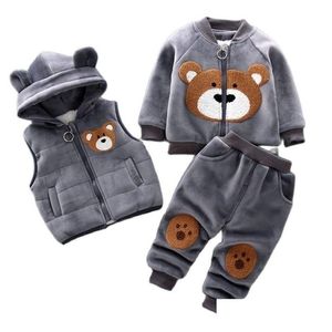 Clothing Sets Autumn Winter Baby Boys Clothes Thick Fleece Cartoon Bear Jacket Vest Pants 3Pcs Cotton Sport Suit For Girls Warm Outfit Dhv4B