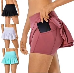LL-007 Tennis Skirts Pleated Yoga Skirt Gym Clothes Women Running Fitness Golf Pants Shorts Sports Back Waist Pocket Zipper