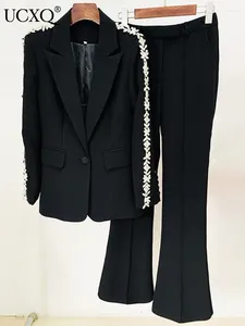 Женские брюки из двух предметов UCXQ OL Office Lady 2023 Модные комплекты из бус с гвоздями и бриллиантами Slim Fit Пиджак Микро расклешенный комплект из 2 предметов Tide