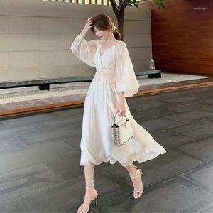 Sıradan Elbiseler 2023 Bahar Tarzı Nazik Şifon Yaz Sundress Maxi Vardiya Elbise Beyaz Zarif Peri Şık Etek Kadınlar için