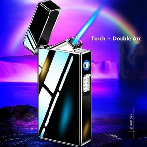 Metal Outdoor Windproof Dual Arc Plasma USB Lighter Blue Flame Straight Down Turbo Torch Butane No Gas Cigar Men's Gadgets