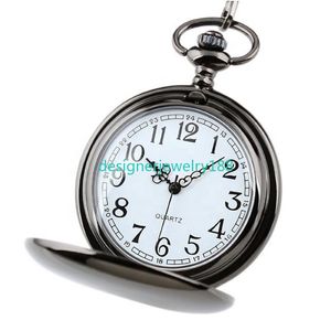 Yeni varış retro iki yüzlü cep saati gümüş siyah altın pürüzsüz kuvars cep saati uzun zincir ile erkeklere en iyi hediye