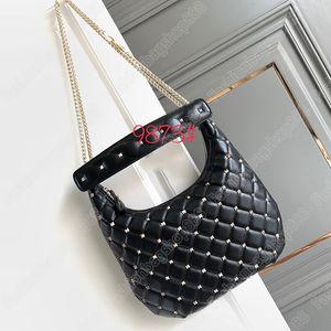 Lüks tasarımcı hobo çanta rockstud sivri uçlu çanta yumuşak kırışmış kuzu cilt zinciri çanta perçin metal metal çivili çiviler geometri crossbody çanta bayanlar siyah