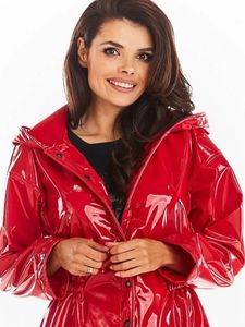 Kadınların trençkotları parlak patent deri parka kadınlar için kaput paltosu cep sahte lateks uzun kollu ceket düğmesi pvc yağmurluk özelliği 231202