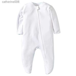 Giyim Setleri Yenidoğan ayaklı pijama fermuarlı kız ve erkek romper uzun kollu tulum pamuk katı beyaz moda 0-12 ay bebek kıyafetleri231202
