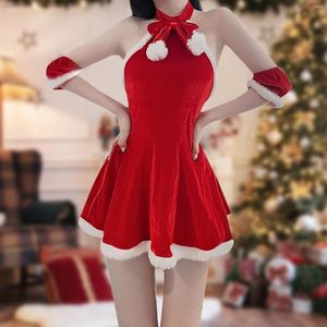 Günlük elbiseler Noel kadınlar üniforma süslü elbise Noel Baba cosplay kostüm kış kırmızı peluş takım elbise seksi parti mini hizmetçi