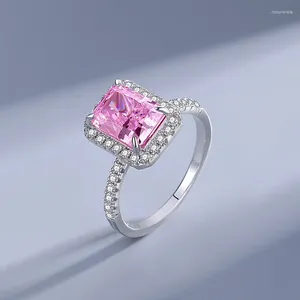 Küme halkaları Kadınların Kişilik Moda Takı Kare Pembe Kesim Zirkon Yüzüğü 925 STERLING Gümüş Avrupa ve Amerikan Lüks Sim