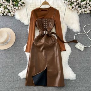 Two Piece Dress Korean Fashion Casual Two Piece Set for Women Vintage Lace-up Strapless PU Leather Dress Sets High Street 2 Piece Suits Female 2024