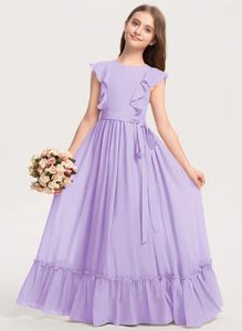 Kız Elbiseler Çiçek A-Line Scoop Zemin Uzunlukta Şifon Junior Nedime Elbise Yay Basamaklı Çırpma İlk Komünyon