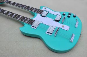 Фабричная электрогитара сине-зеленого цвета с двойным грифом и 6- и 12-струнной гитарой, хромированная фурнитура, белая накладка, предложение по индивидуальному заказу 369