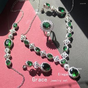 Halskette-Ohrringe-Set, luxuriös, 4-teilig, Braut, Hochzeit, grüner Stein, Kristall, AAA-Zirkonia, Partykleid, feiner Schmuck für Frauen