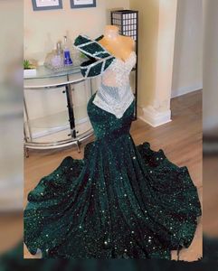 Sparkly Emerald Green Sequins Prom Dresses 2024 For African Women Sheer Neck One Shoulder diamond Black Girl Birthday GownS