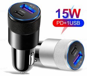 Fast Car Charger 15W Type C PD USB 3.1A Dual Port Metal Chargers Universal Car Charger Adapter For iPad All Mobile Phones