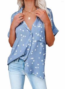 Kadın Bluzları 2023 Yaz Sıradan Gömlek Yakası Tek Göğüslü Yıldız Baskı Gevşek Kısa Kol Üstü
