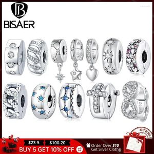 Loose Gemstones BISAER 925 Sterling Silver Openable Clip Spacer Charm Fit Women DIY Bracelet Lock Stopper Bead Plated Platinum Fine Jewelry