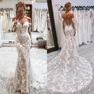 Moda sereia vestidos de casamento fora do ombro rendas mangas compridas vestido de casamento de luxo varredura trem botão voltar vestidos de noiva