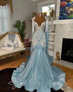Icy Blue long Evening Pageant Dresses with Cape Sparkly Diamond Crystal Gillter Birthday Celebrity Queen Gown Prom Gala 2024