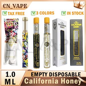 НОВЫЙ Colorfu California Honey с коробкой Одноразовые ручки 1,0 мл Испарители черного золота Пустые электронные сигареты Аккумуляторная батарея Чистый вкус для упаковки густого масла Сумка