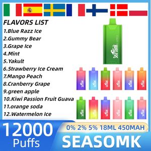 Seasomk 12000 Puflar Tek Kullanımlık Vape Puff 12K Vape Bangbar 18ml Pre Dolgulanmış Kartuş Pod 450 MAH Şarj Edilebilir Pil Renk Kiti 12 Tatlar Vape Kalem Vs Elf Bar 12K