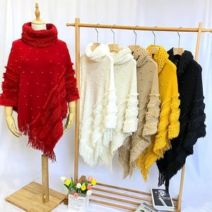 Xales outono inverno capa xale para mulheres de malha envoltório de pele sólida pulôver com pérola solta camisola de gola alta com borla queda poncho 231204