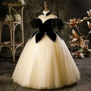 Kız elbiseleri moda kız kız prenses lüks uzun elbise omuz omuz toddler genç çocuk siyah vintage vestido parti pageant top elbisesi 2 14y 231204