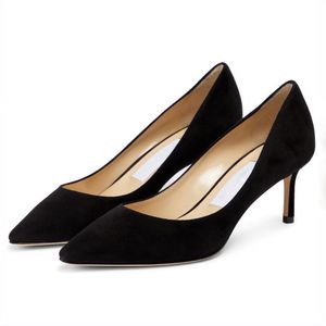 Moda kadın sandaletler ünlü romy 60 mm pompalar İtalyan güzel sivri ayak parmakları sığ ağız siyah süet tasarımcı basit gece elbise sandalet yüksek topuklu ayakkabılar 35-43