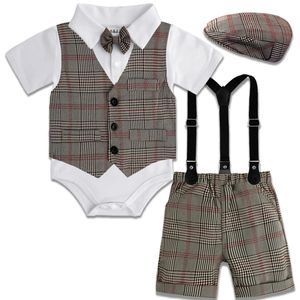 Giyim Seti Bebek Erkek Beyefendi Kıyafet Bebek İngiliz Vintage Toddler Ekose Düğün Doğum Günü Partisi Hediye Takımları 4pcs 231204