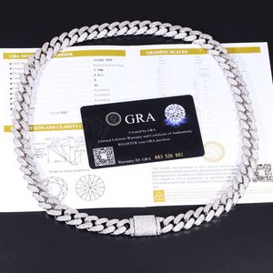 Factory Price Hip Hop Jewelry 12mm 19mm Wide 2rows 925 Silver Pass Diamond Tester Moissanite Diamond Necklace Cuban Link Chain
